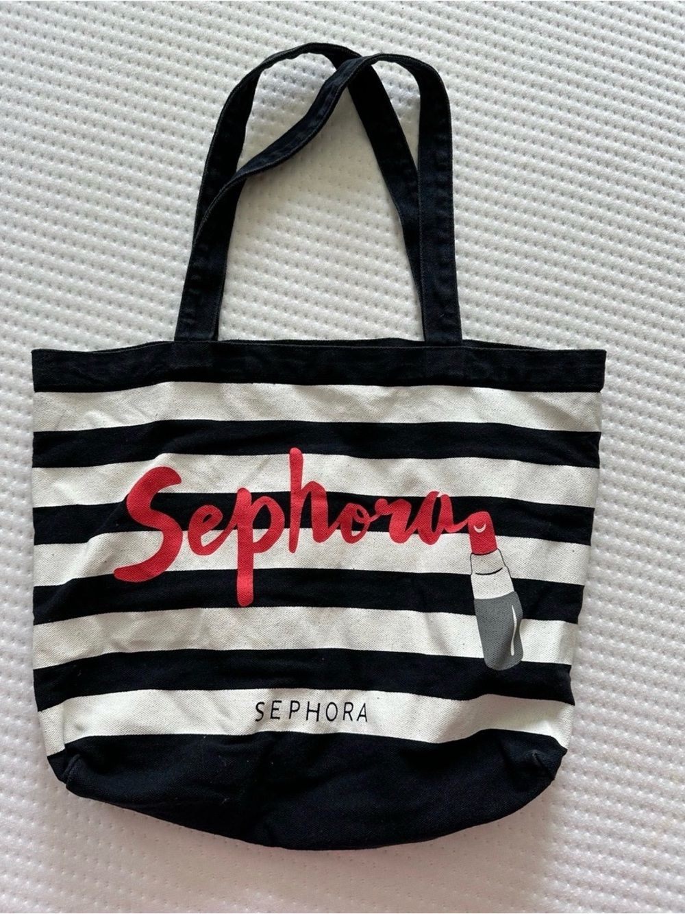 Sephora Black and White Striped Tote with Red Logo and Lipstick Graphic